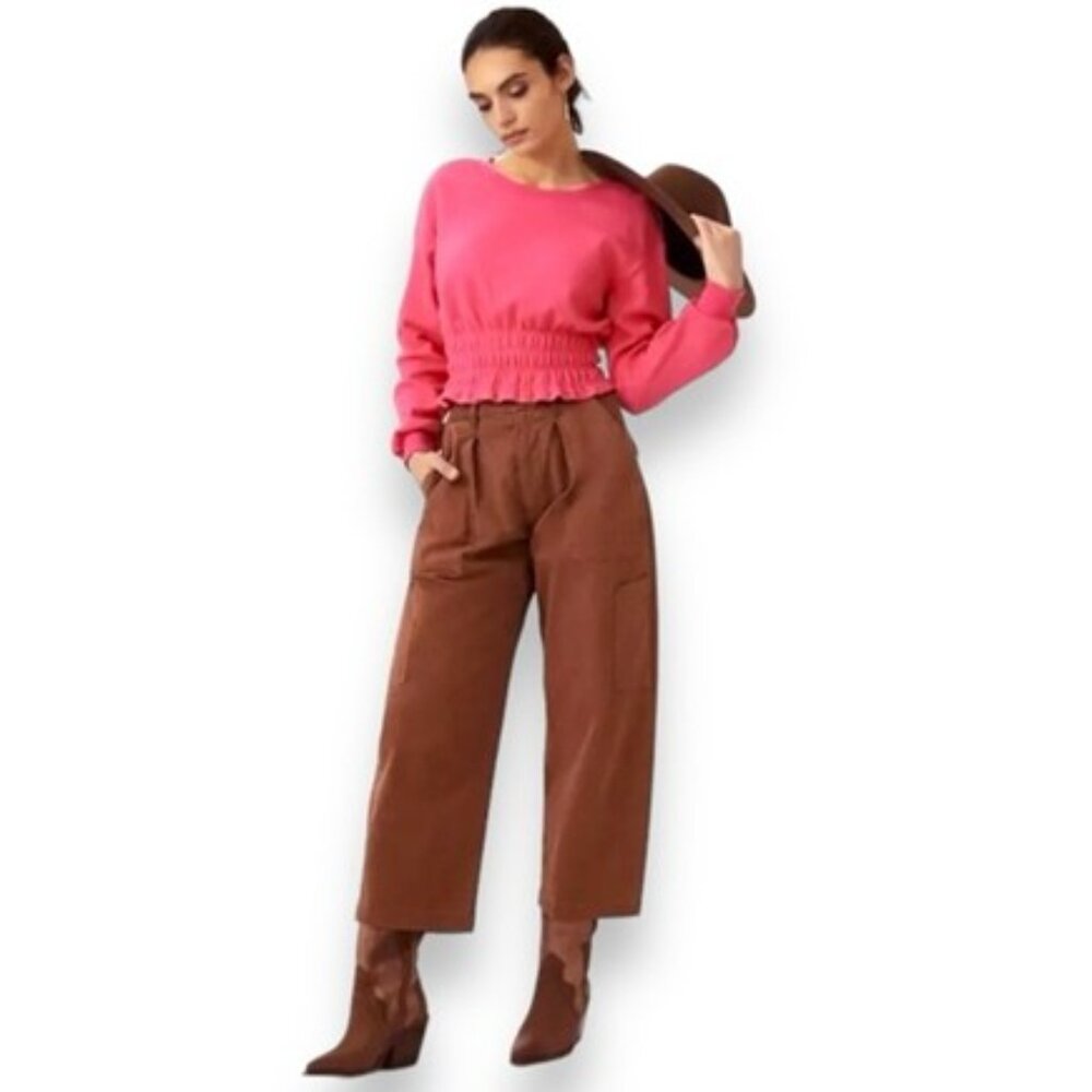 Anthropology Maeve Smocked Cropped Boatneck Pullover Sweatshirt Pink Rose Size